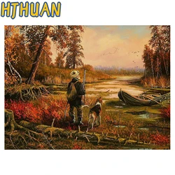 5D DIY Diamond Painting, Sunset Hunter and Forest Landscape, Cross Stitch, Full Square and Round Drill, Mosaic Embroidery