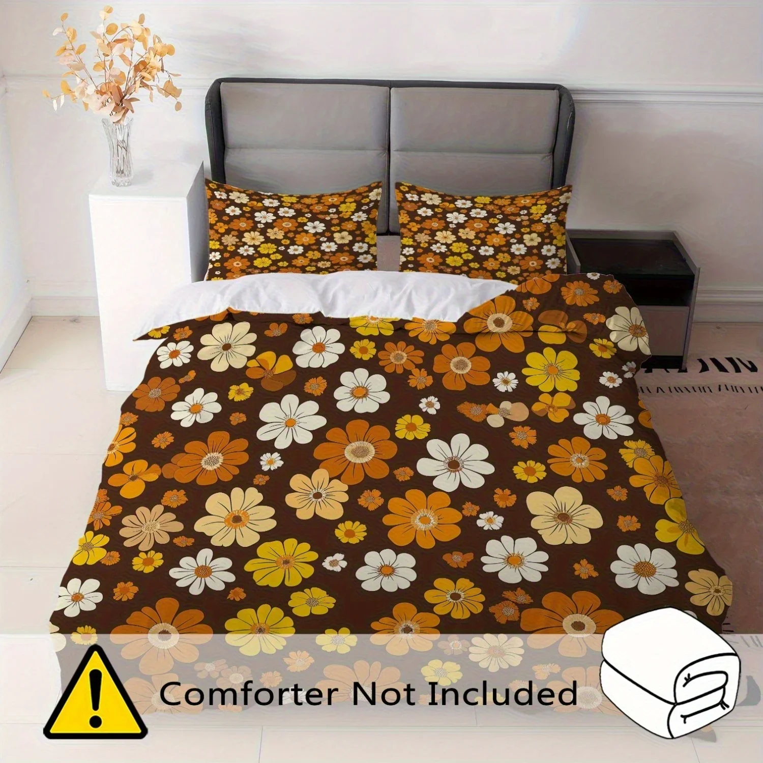 3Pcs Retro Floral Duvet Cover Set, Brown Orange Flower Print Polyester Bedding with Pillowcases, Machine Washable All Season