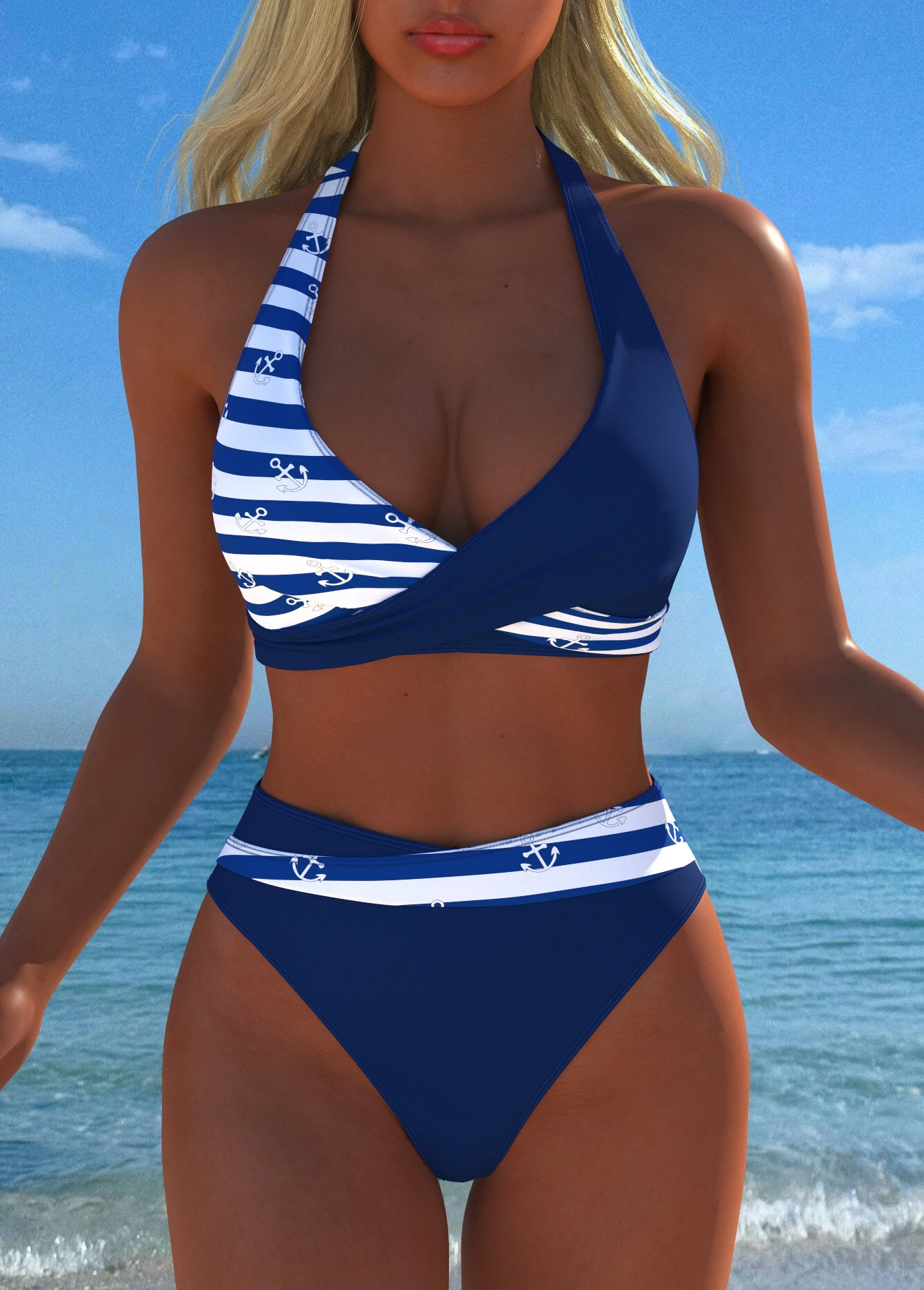 

Women's 2026 New Sexy Minimalist Navy Anchor Striped Halter Wrap Two Piece Bikini Set Beachwear Bathing Suit
