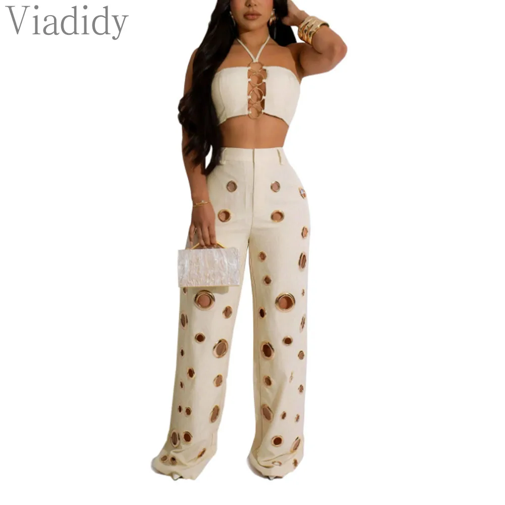 

Women's Sexy 2pcs Set Hollow Out Halter Sleeveless Tank Top and High Waist Wide Leg Pants