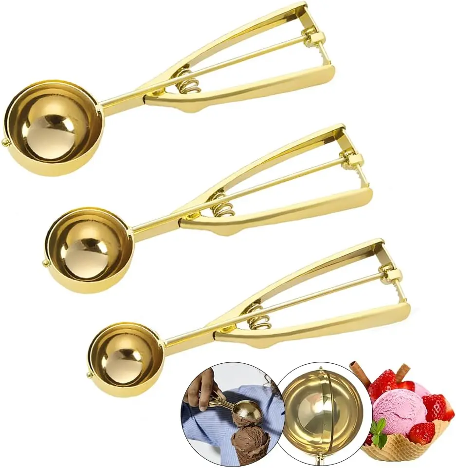 Cucharas para Galletas de Acero Inoxidable 304 con Gatillo, 3 Tamaños (Dorado, S/M/L)