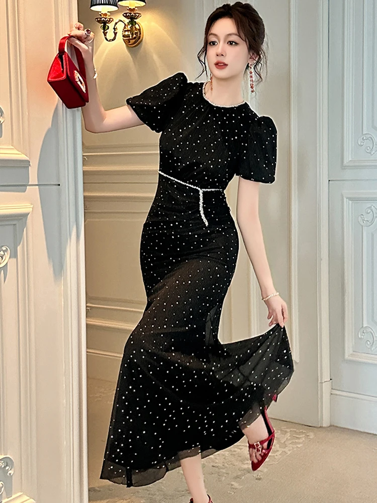 Elegantประณีตหมั้นชุดราตรีผู้หญิงสีดําสีชมพูShiny Bright SequinsพับFishtail Robe Femme Party Prom Vestidos