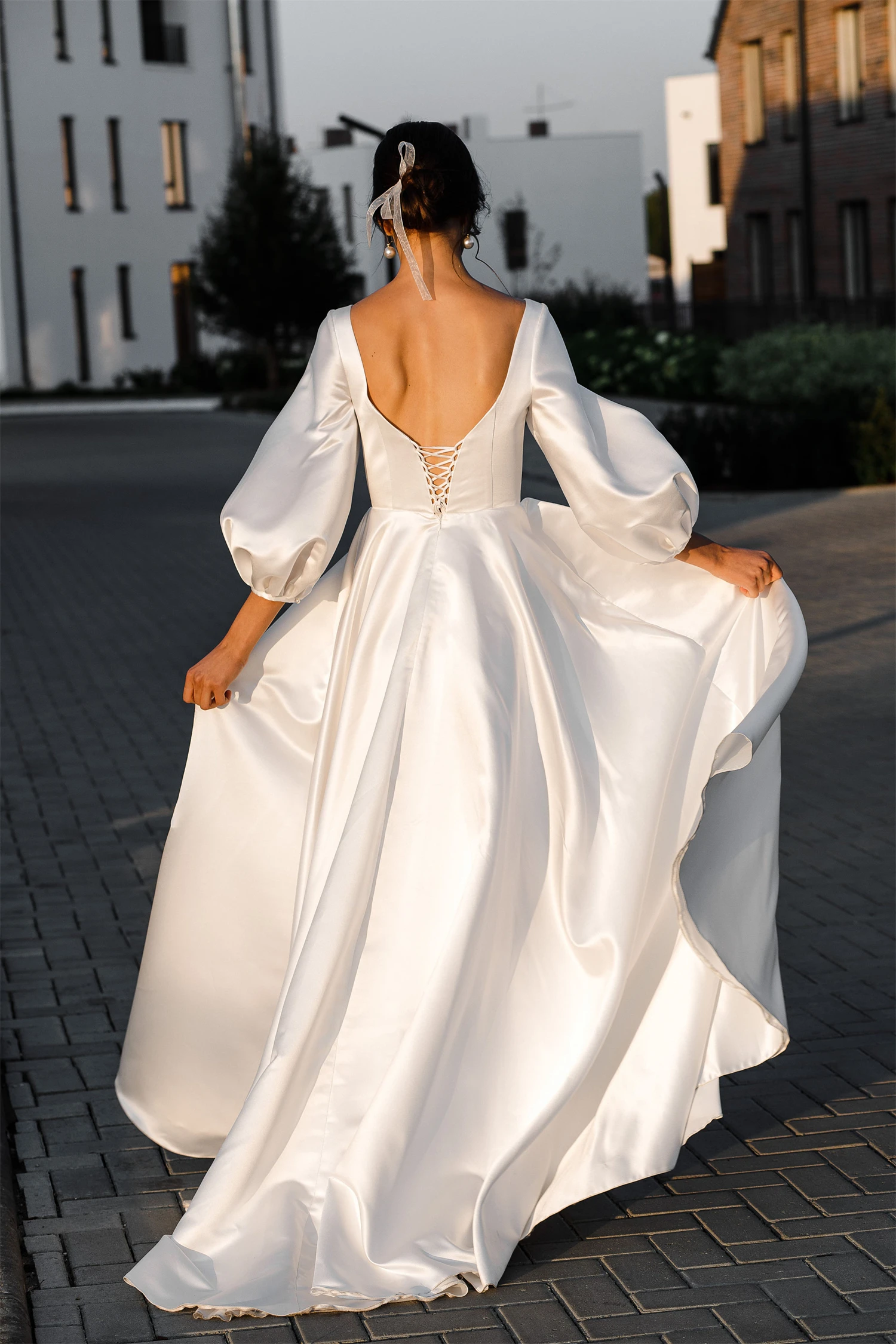 Aileen Satin Gala Dresses Woman 2024 for Party Dresses for Prom Puff Sleeves White Line A Wedding Dress Elegant Gown Ball Gowns