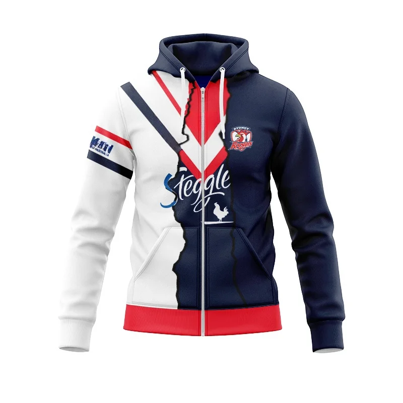 Sydney Roosters-2024 รักบี้/ซิปHoodie-ท้องถิ่น/บ้าน/ออกไป/การฝึกอบรม/Legion/Top Rugby Zipper Hoodie -S-5XLCustomizabie