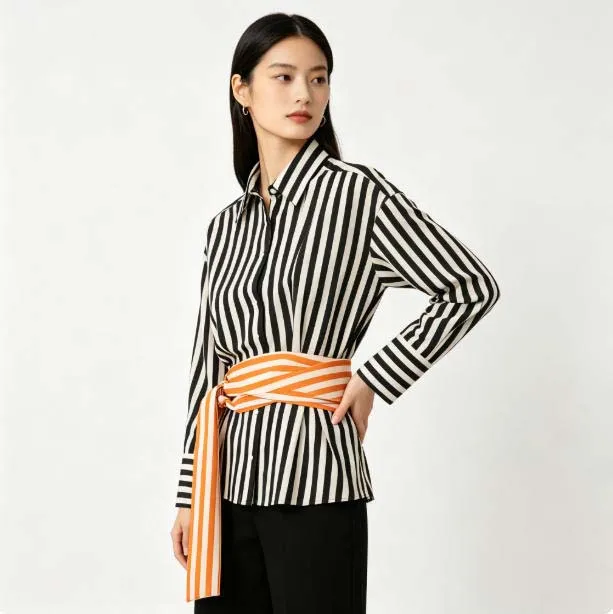 Women New Vintage Striped Elegant Office Lady Shirt Fashion 2026 Fall Orange Sashes Luxurious Shirt Chic Streetwear Blouses