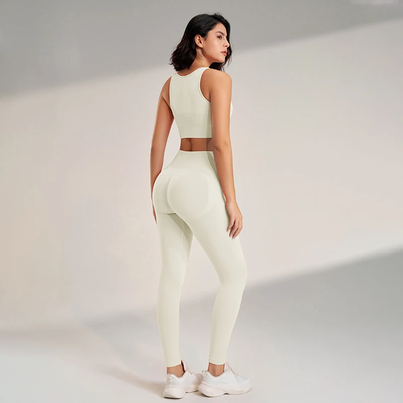 Conjunto de roupas de yoga feminino cintura alta leggings e topo duas peças sem costura roupas de exercício de fitness roupa interior de treino de