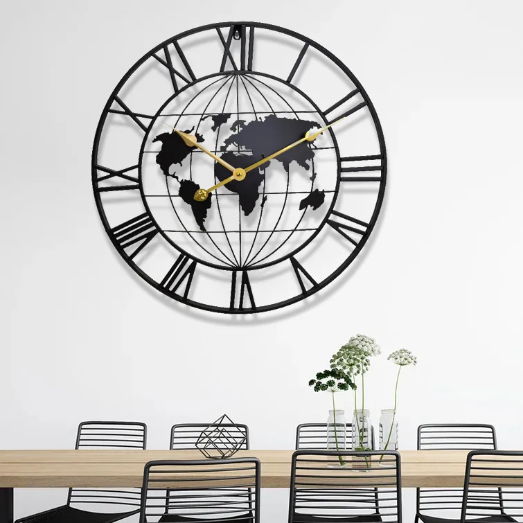 

Cross-border new wrought iron circular office clock, hot-selling creative map, personalized silent wall watch, factory direct