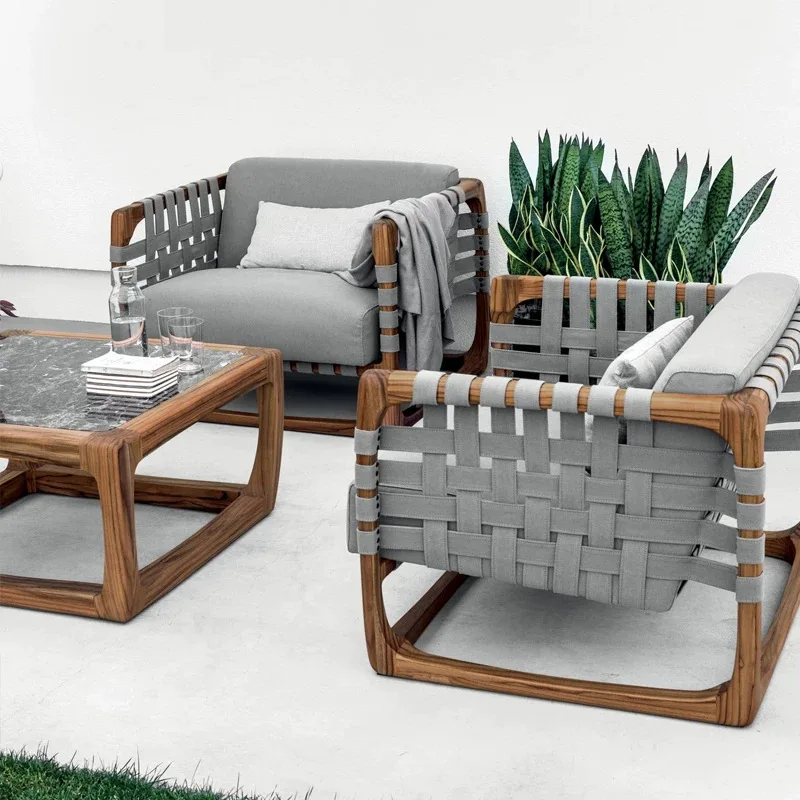 Outdoor rattan sofa outdoor courtyard teak furniture rain and sun protection hotel villa sun armchair garden combination