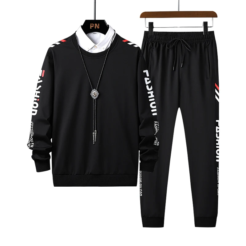 Autumn Winter Harajuku Sweatshirt Sweatpants Striped 2-piece set Long Sleeves O-Neck Hip Hop