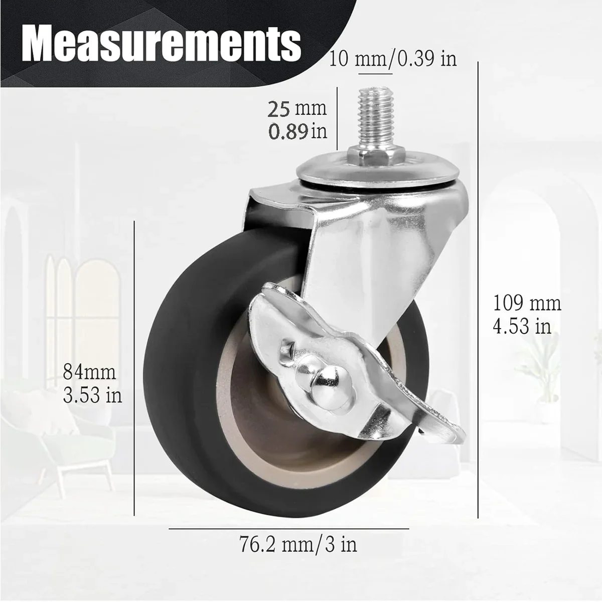 For Funiture, Workbench 3 Inch Heavy Duty Casters Threaded Stem Casters No Noise Swivel Casters Set of 4 Locking Castor Wheels