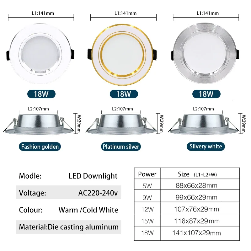 10Pcs LED Downlight 5W 7W 9W 12W 15W 18W Panel Down Lights Spotlight 220V Round Recessed Led Ceiling Lights Cold Warm White Lamp