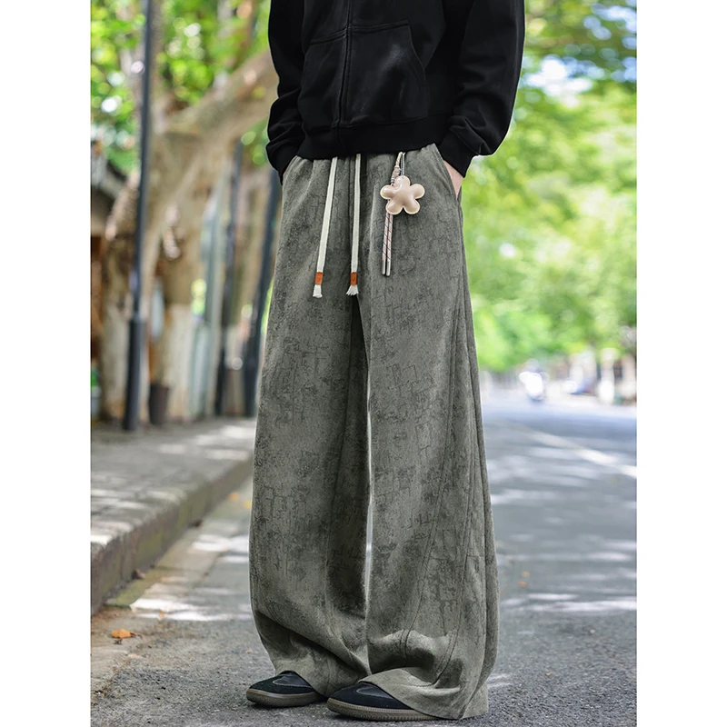 Men 2026 Autumn New Tie-Dye Corduroy Wide Leg Casual Long Pants Drawstring Waist With Flower Pendant Male Trousers