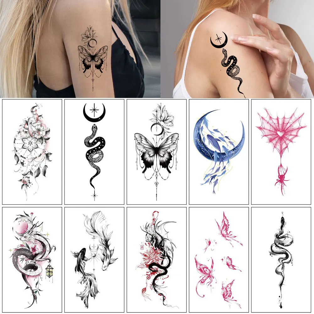 10pcs Colorful Tattoo Stickers for Women Men Dragon Snake Butterfly Flower Fake Tattoo for Girl Temporary Tattoos Waterproof