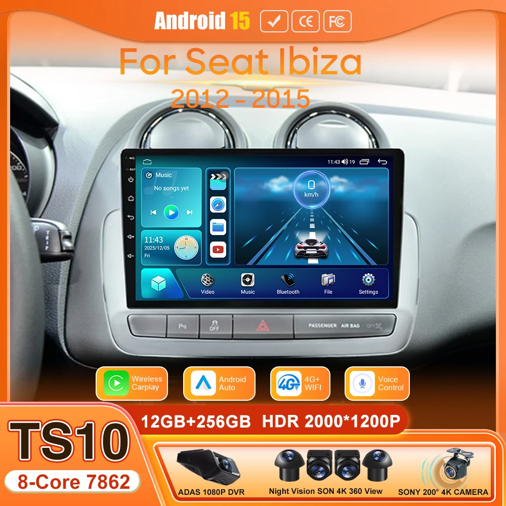 Android 15 Car Video Multimedia Radio Player For Seat Ibiza 2012 2013 2014 2015 Audio Screen CarPlay Navigation GPS 2din DVD