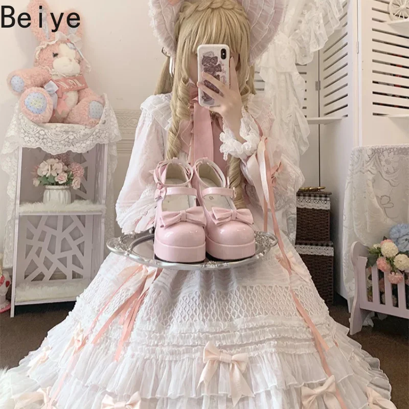 Cute Girl Lolita Original Bow Shoes Elegant Round Head Versatile High Heel Pumps Women's Waterproof Table High Heels Shoes