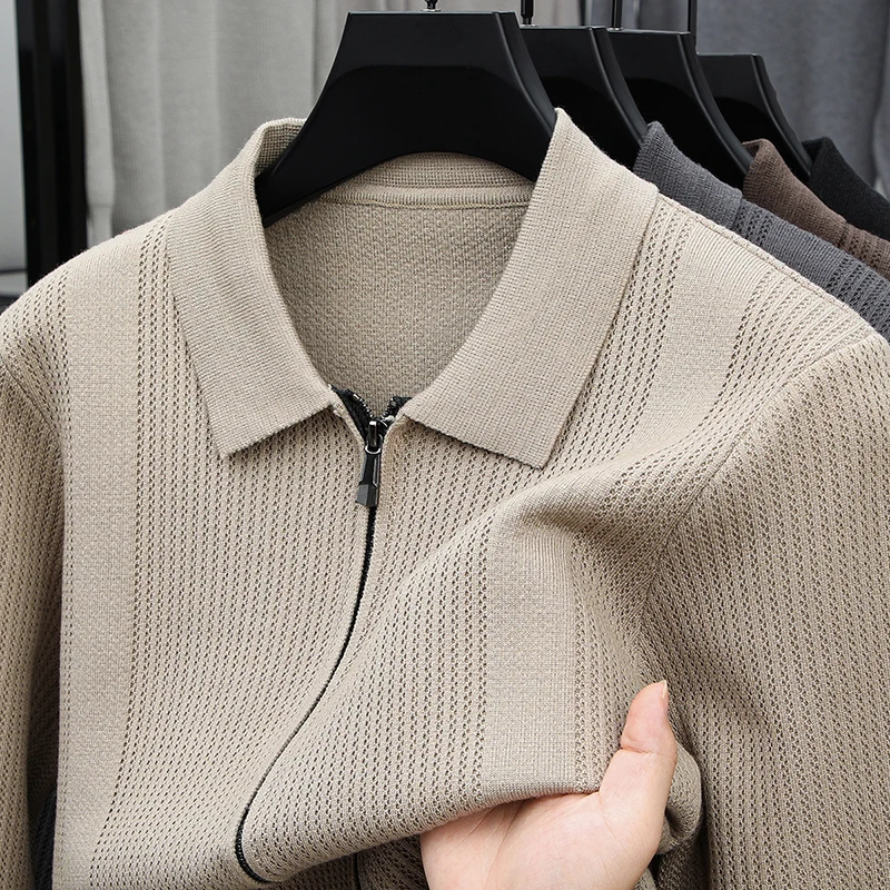 

Original Quality Men's Knitted Cardigan Full Zipper Pocket Patch Cloth Collar Long Sleeve Coat Autumn Winter Business Menswear