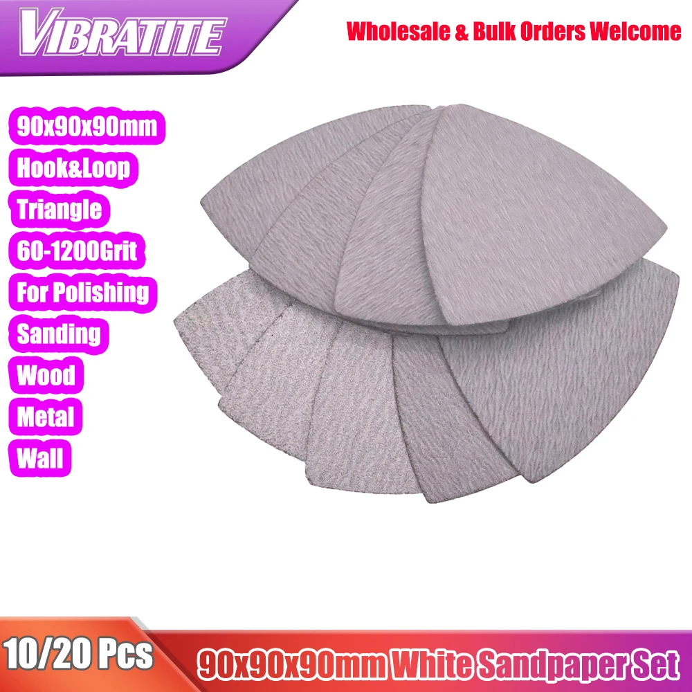 10/20 Pcs 90x90x90mm Triangle Sandpaper Hook&Loop 60-1200 Grit  Fit3-1/2Inche Oscillating Multi Tool Detail Sander for Polishing