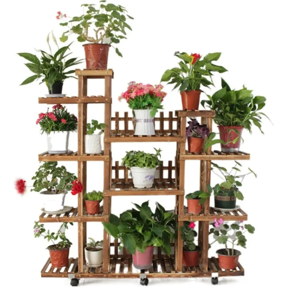 Soporte para plantas de madera escalonado para uso en interiores y exteriores: soporte para varias plantas con acabado en nogal