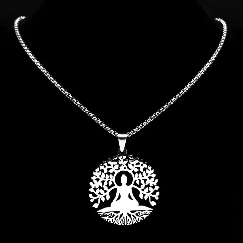 Buddhism Meditation Buddha Yoga Pendant Necklace Stainless Steel Tree of Life Buddhist Chakras Reiki Chain  Jewelry collar