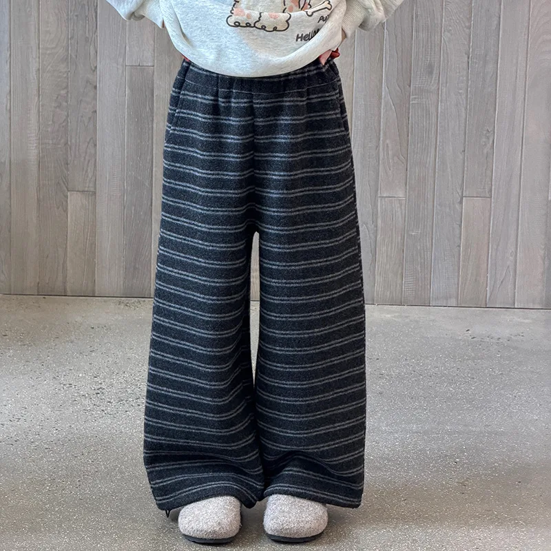 New Retro Striped Woolen Wide Leg Pants for Children's Clothing, Korean Loose and Casual Hanging Straight Leg Pants