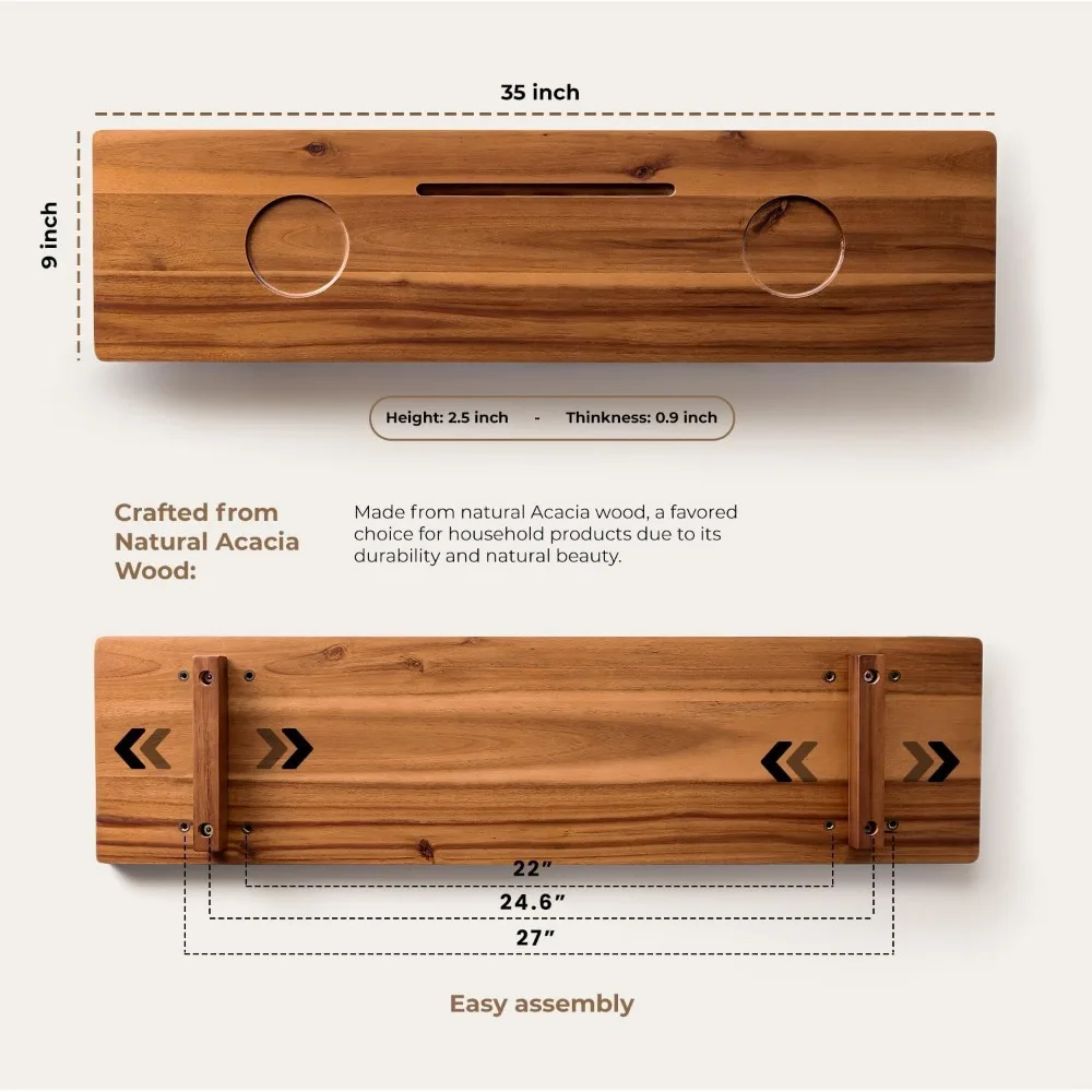 

Большой деревянный столик для ванны 35x9 дюймов | Аксессуар для спа-салона с защитой от опрокидывания, держатель для телефона и бокалов для расслабляющей ванны