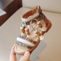 2023 Summer New Girls Sandals Fashion Princess Shoes Ethnic Style Kids Tassel Soft Sole Roman Shoes Sandals for Girls 2-12y