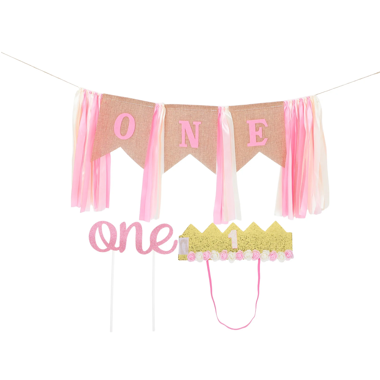 

1Set Baby Highchair Banner Cloth Sponge Ribbon First Birthday Party Hat Cake Topper Photo Decoration Cake Decorations