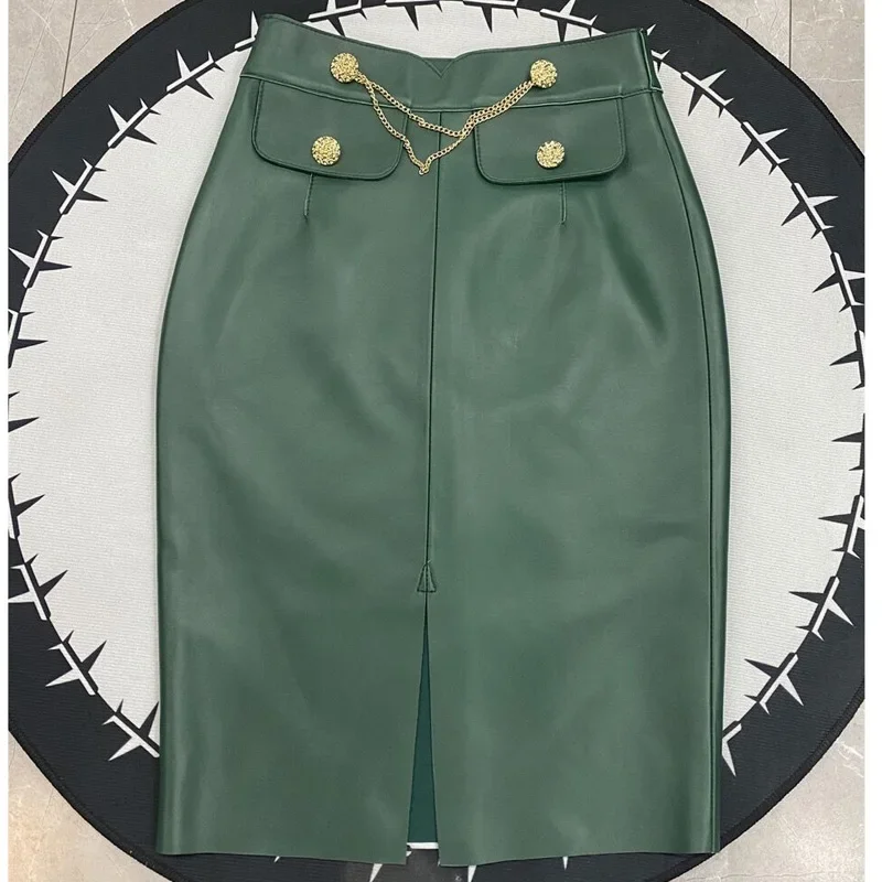 Fashion Spring Female Genuine Leather OL Pencil Skirt Green Sheepskin Sexy Midi Long Slim Over Metal Belt Knee-Length