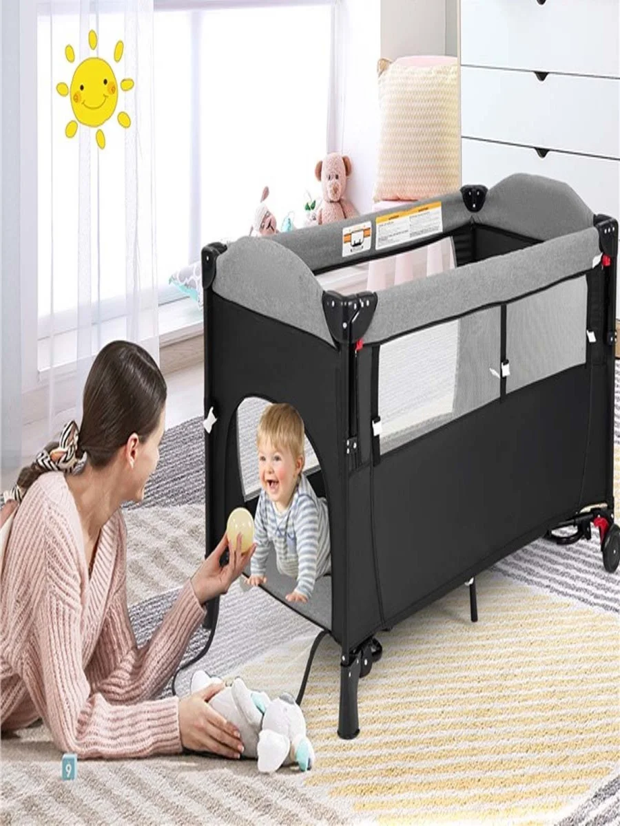 5-in-1-Babybett 120 x 60 cm, 2-stufiges Reisebett mit Matratze, Wickelunterlage, Spielzeug, Spieluhr und Tragetasche, faltbare Seite