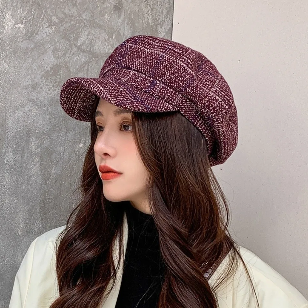 

Fashion Woolen Plaid Octagonal Hat Thick Ear Protection Painter Caps Keep Warm Korean Style Artist Hat Autumn