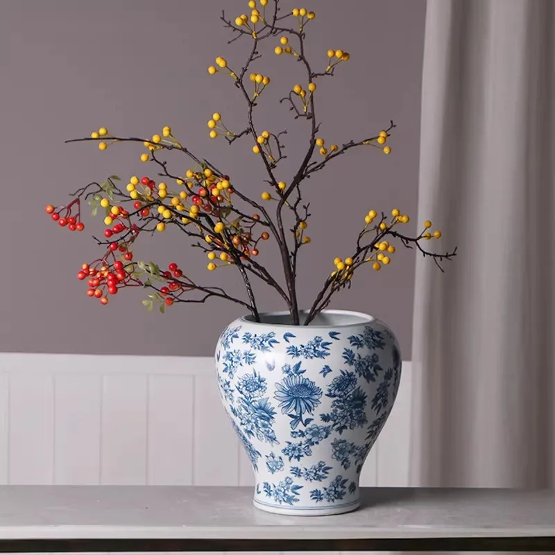 Chinese-style Jingdezhen Blue and White Porcelain Flower Vase with Large Opening for Hydroponic Indoor Use in Living Rooms, Stud