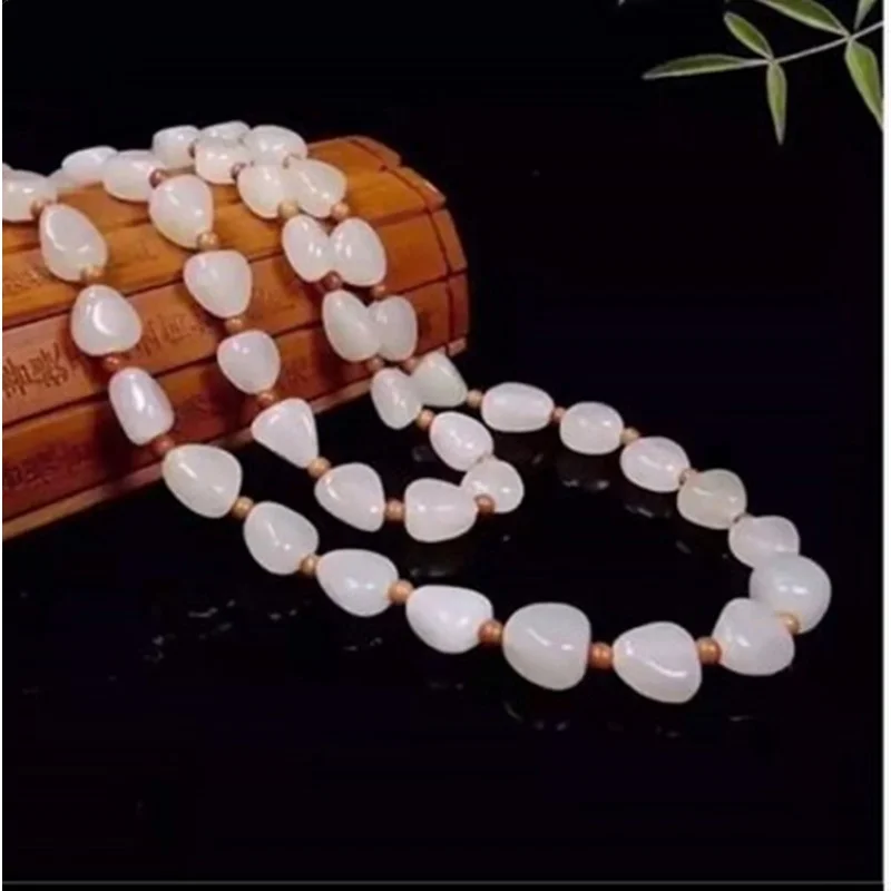 Hetian Jade a Necklace Hand-Woven Pendant Lanyard White Jade Chain Olive Nut Partition