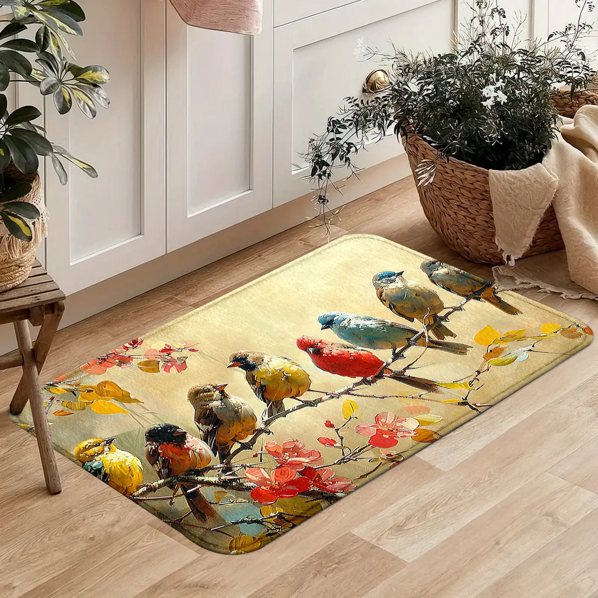 Nature Art Floor Mat Retro Oil Painting Colorful Perched Birds with Floral Branch Graphic Decor Rug for Home Entryway Space