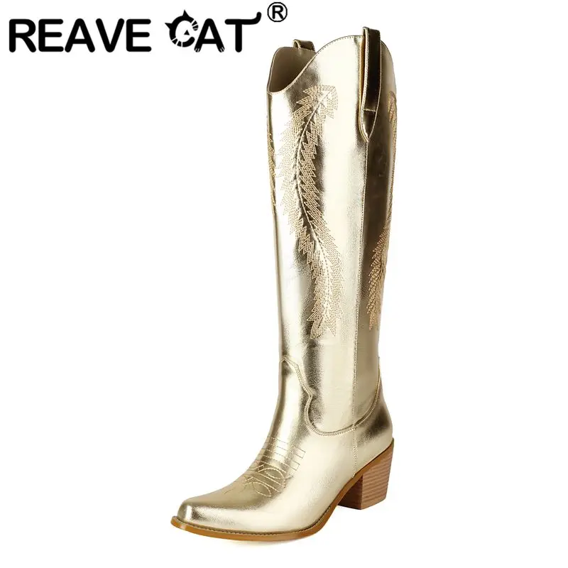 

REAVE CAT Gold Women Knee High Boots Square Toe 5cm Block Heels Zipper Embroider Large Size 41 42 43 Leisure Daily Western Bota