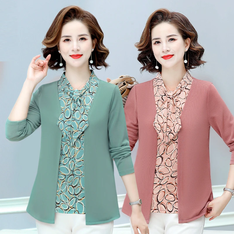 Spring Autumn Fake Two Piece Top Women Fashion Bow tie Pullover T-Shirts Female Middle-Aged Mother Loose Clothing