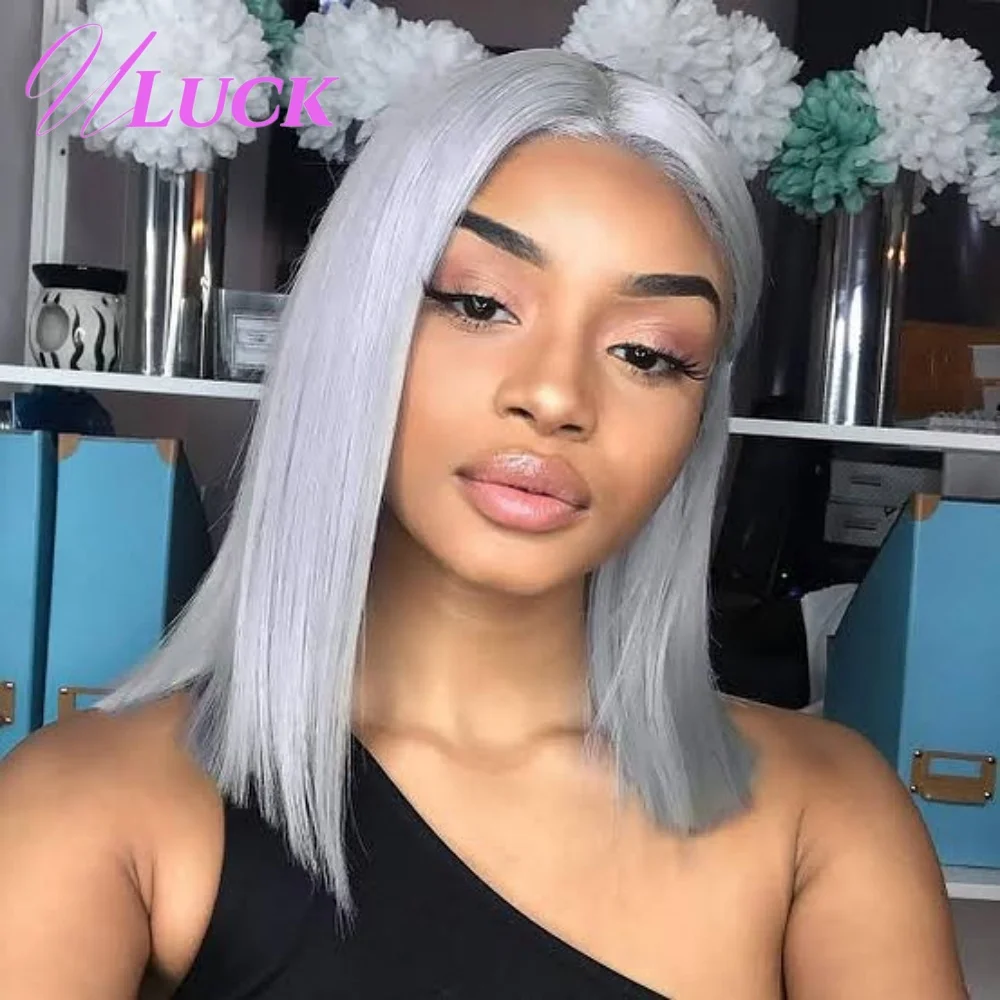 

Uluck Double Drawn Bone Straight Bob Wig 13x4 Lace Front Wigs 200% Density Brazilian Real Human Hair Wigs Grey Colored For Women