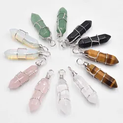 Wholesale 12pcs/lot natural tiger eye stone amethysts pillar shape point handmade iron wire pendants for jewelry making free
