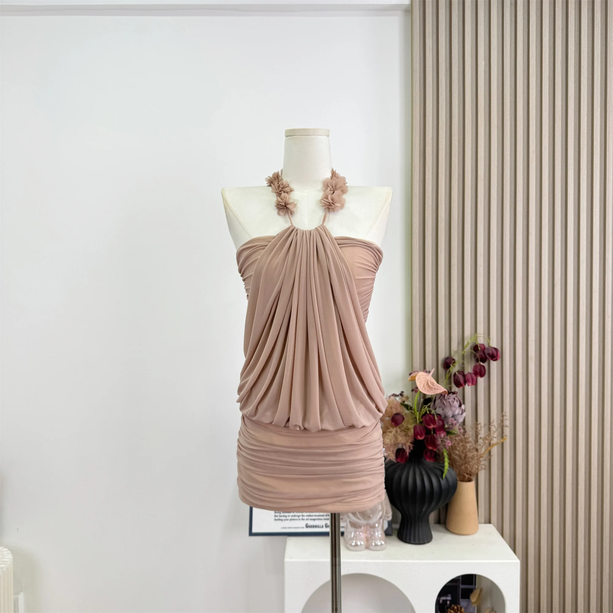 

Women's Summer Sexy Halter Neck Irregular Tulle Slim Short Dress Lady Streetwear Holiday Solid Color Sleeveless Bodycon Dress