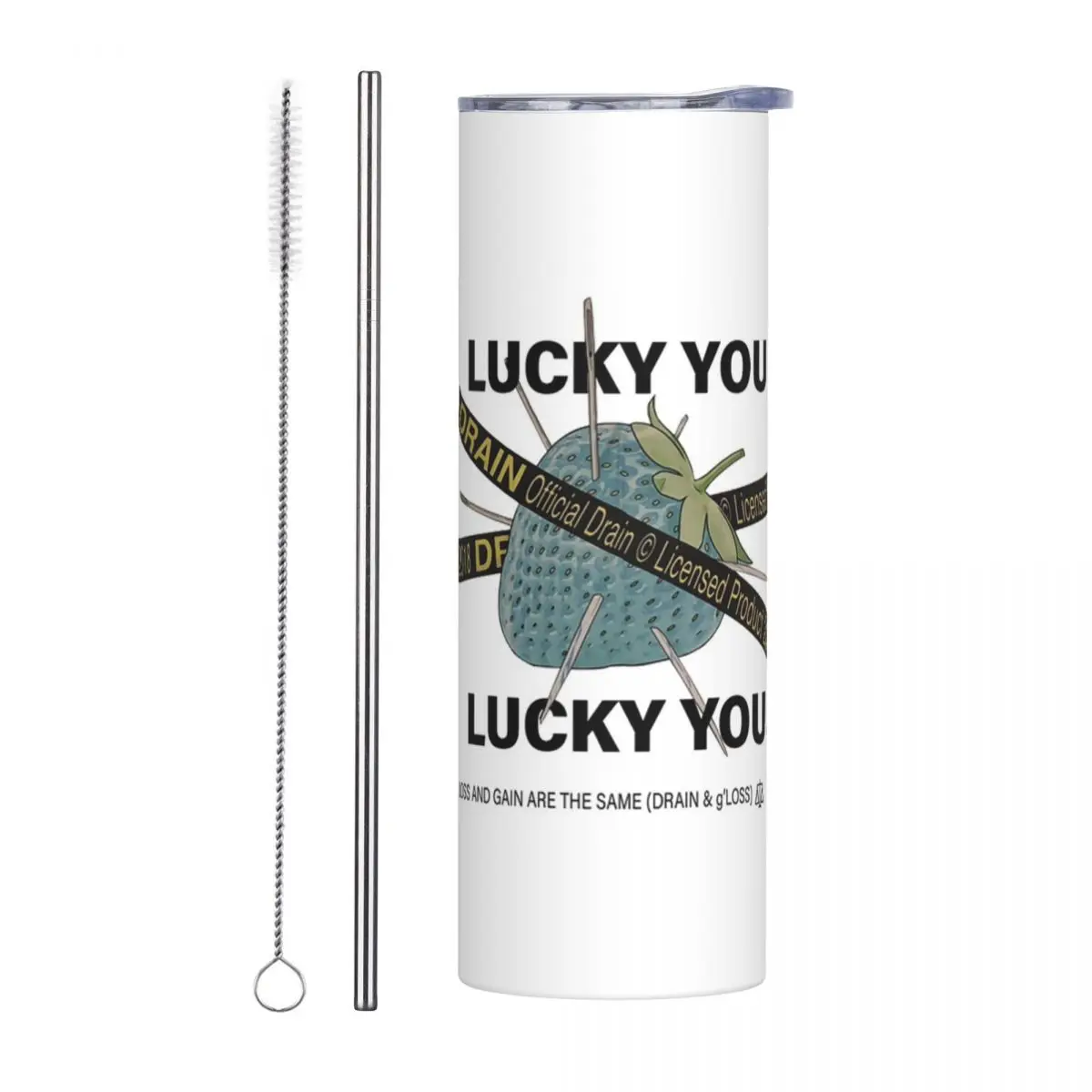 Bladee Drain Gang Lucky You Strawberry Logo Stainless Steel Tumbler Vacuum Insulated Mug Thermal Cold Bottle Straw With Lid 20oz