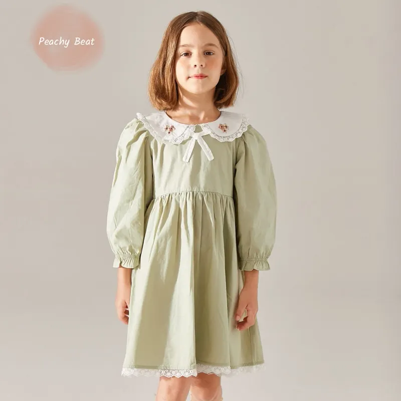 Baby Girl Princess Turn-down Collar Dress Infant Toddler Child Elegant Lace Long Sleeve Ruffled Vestido Spring Baby Clothes 4-7Y