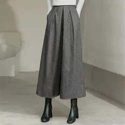 Loose Woolen Wide Leg Skirts Pants Women Pleated Casual Pants Winter Autumn Straight Trousers Elastic High Waist Fat Leg Pants