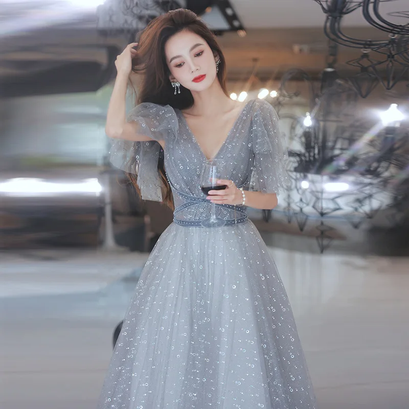 

Women Grey Exquisite Sequins Formal Dress Elegant Party Gowns 2022 Banquet Long A-line Tulle Dresses