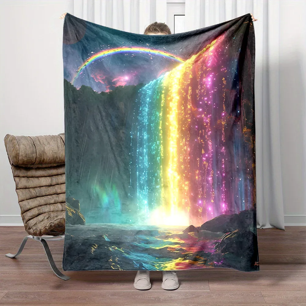 Cozy Reversible Flannel Throw Blanket with Waterfall Rainbow Print  Soft  Versatile for Home  Office Use