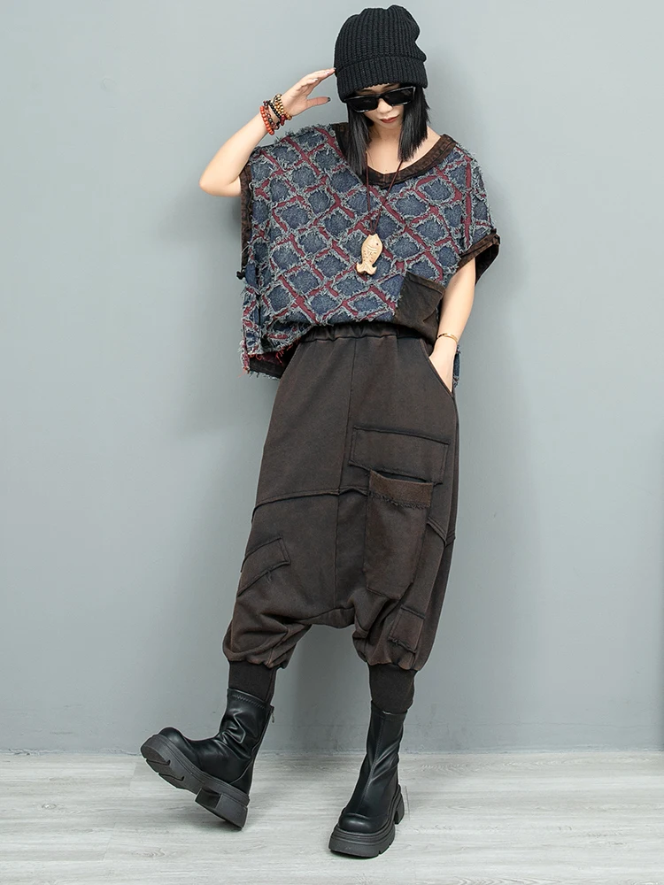 Vintage Splicing Sleeveless Vest + Small Leg Hanging Crotch Pants Two-piece Set Women 2024 Autumn Fashion Pant Set LX2299