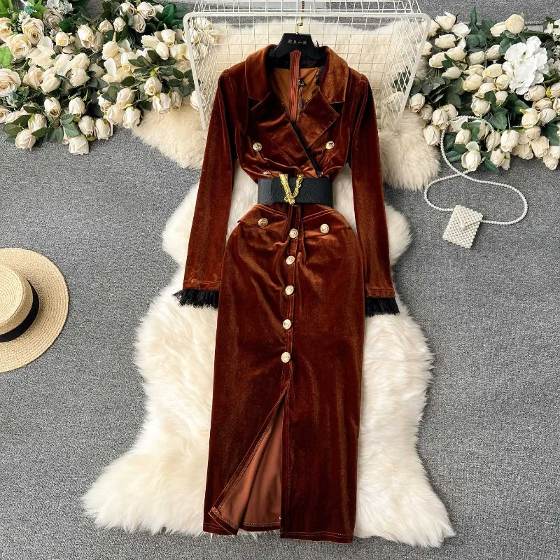 

Women's Autumn Spring Dress Blazer Collar Long Sleeve Mid-Length Skirt Retro Fitted Waist Metal Buckle Comfortable Fashionable