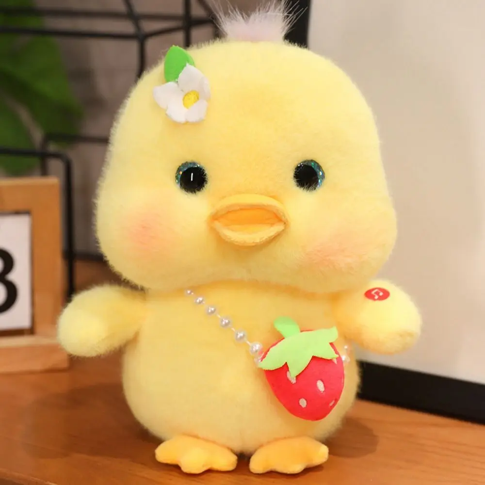 Ojos 3d presionando música pato de peluche de juguete fresa bolsa colgante pato peludo juguete de peluche suave lindo pato amarillo muñeco de peluche niños