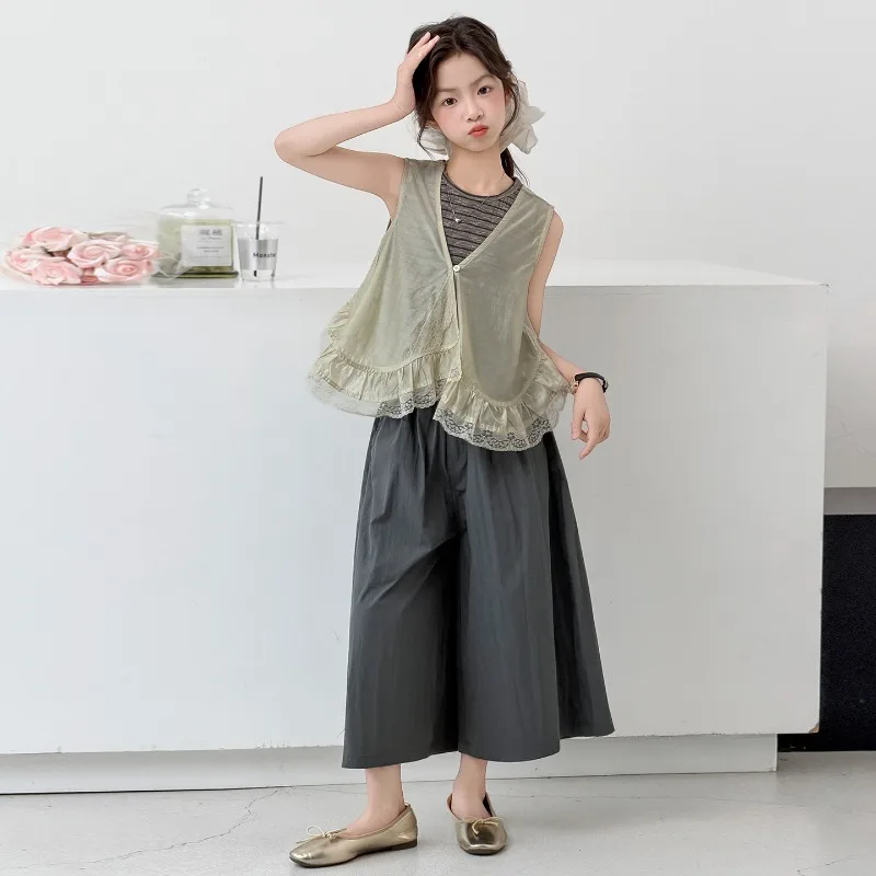 

Children Clothes Girls Summer 2026 Striped Sleeveless Top with Sheer Vest and Wide Leg Pants Three Piece Set Loose Comfortable