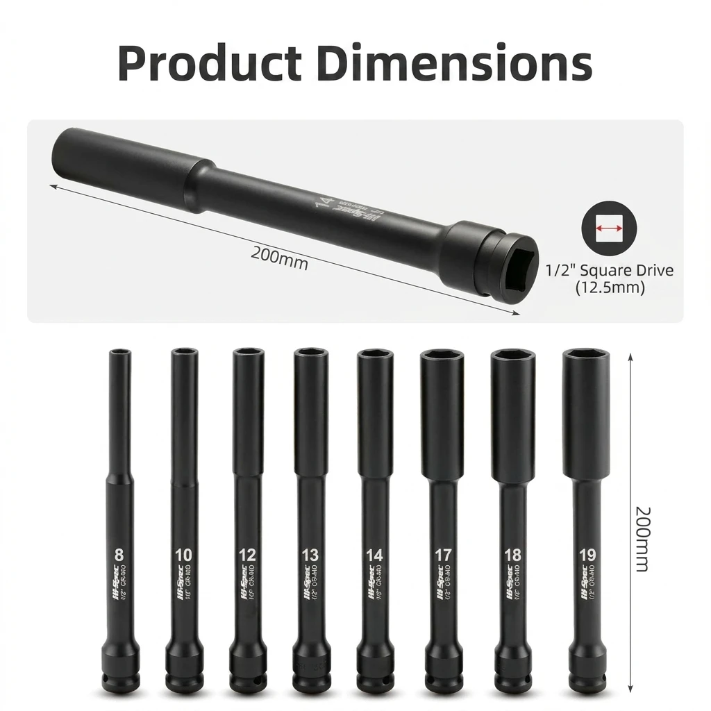 1/2 Inch Drive Extra Long Impact Socket 200mm CR-V Deep Pneumatic Electric Wrench Sleeve for Auto Repair Hand Tool Metric