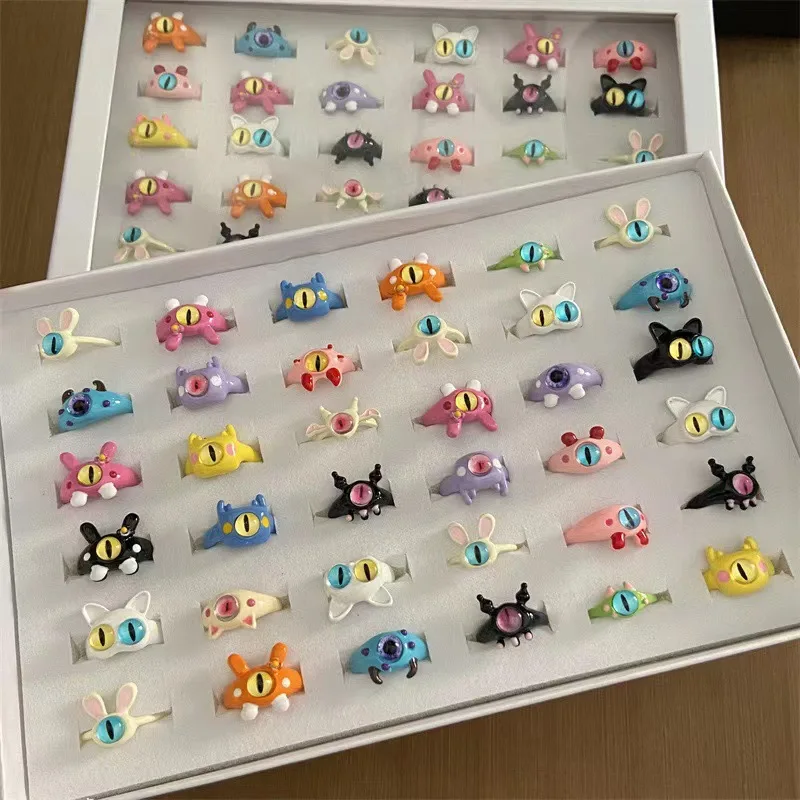 36pcs Mix Cartoon Monster Children Rings For Women Gild Colorful Open Sweet Funny Party Gift Finger Jewelry Accessories Lot