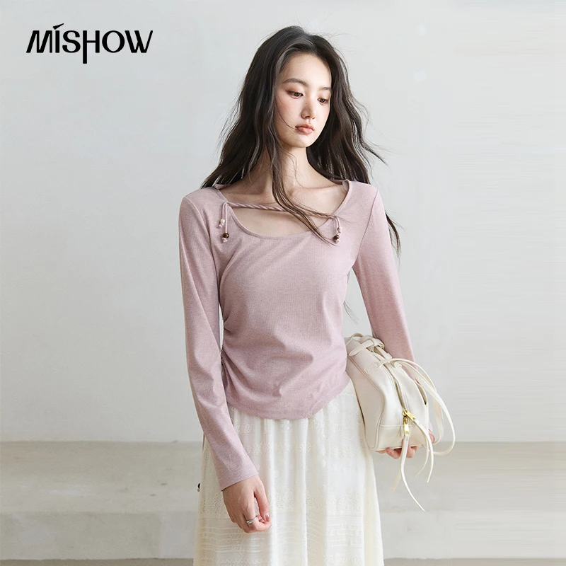 MISHOW French Square‑Neck Long‑Sleeve T‑Shirt Autumn Beaded Strap Ribbed Knit Top Side Drawstring Slim Casual Tee MXF43T3140